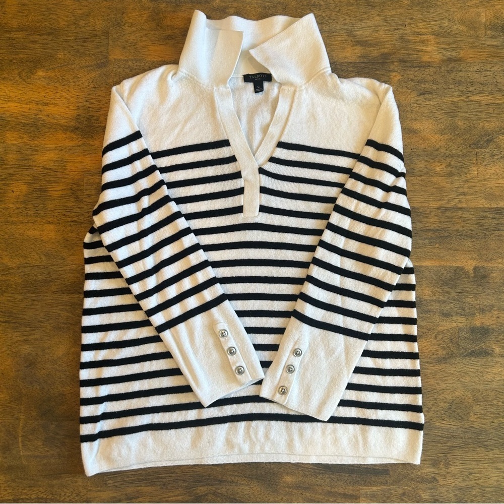 Talbots Women’s Petite Small Black White Striped Cotton Silk Split Neck Sweater